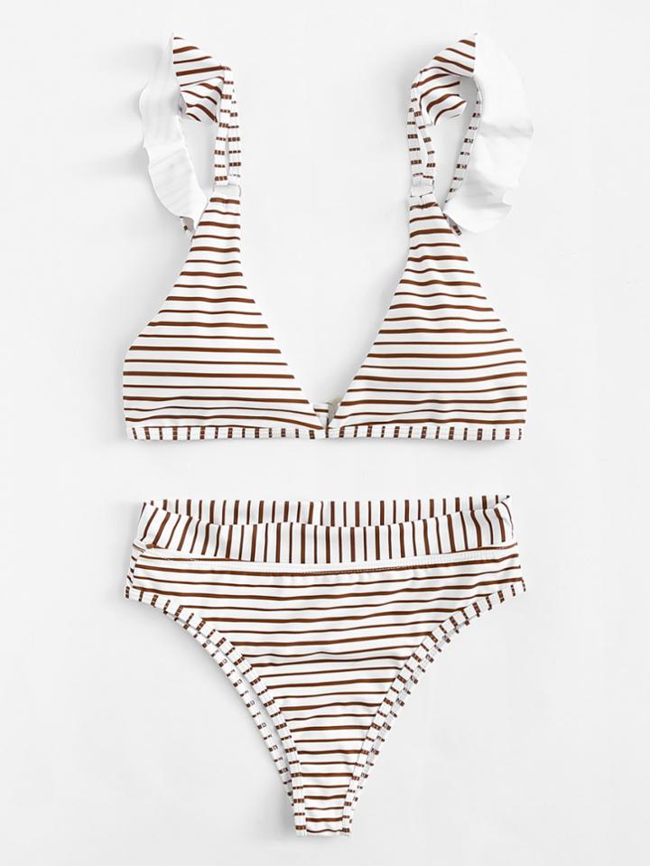 Romwe Ruffle Striped Bikini Set