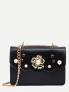 Romwe Black Flower And Pearl Studded Box Bag With Chain