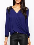 Romwe V Neck Contrast Lace Blouse