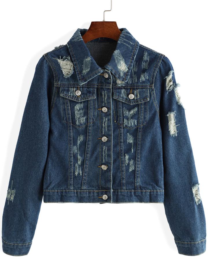 Romwe Lapel Ripped Scratch Denim Pockets Buttons Coat