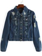 Romwe Lapel Ripped Scratch Denim Pockets Buttons Coat