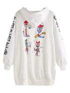 Romwe White Printed Raglan Sleeve Drawstring Hooded Pocket Sweatshirt