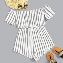 Romwe Off Shoulder Vertical Striped Romper