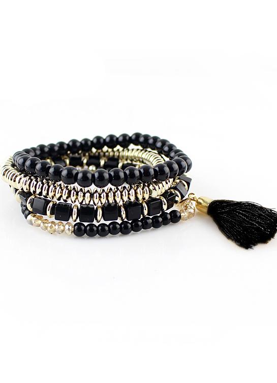Romwe Black Bead Bohemian Bracelet