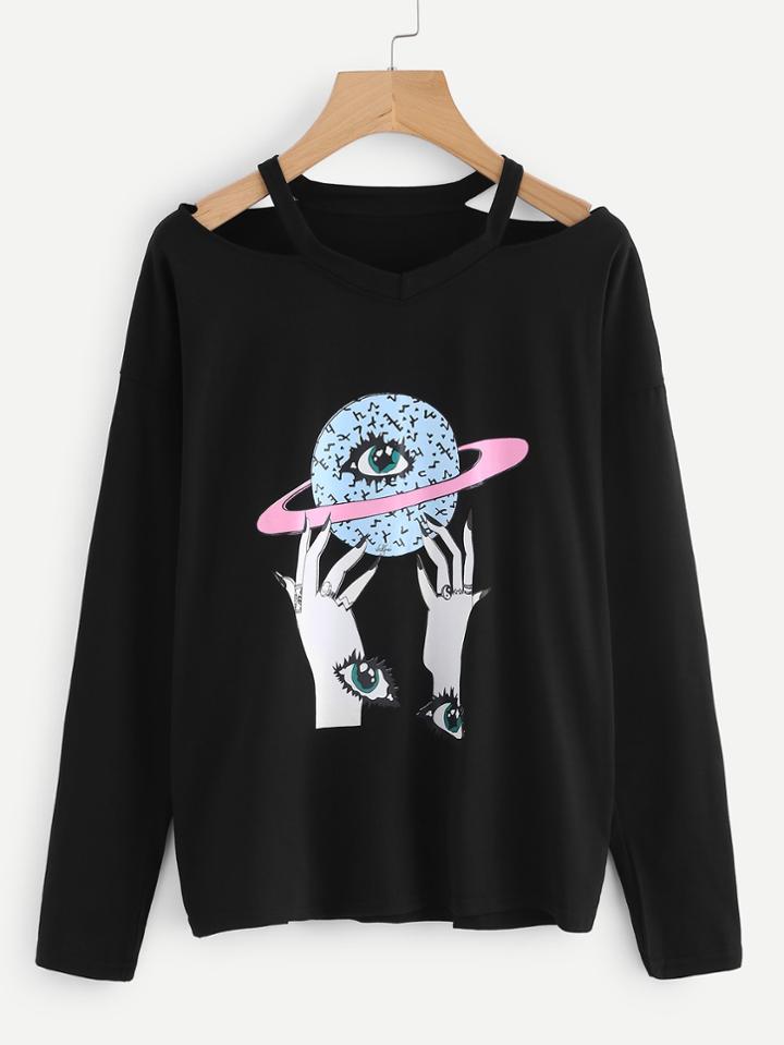 Romwe Cut Out V Neckline Graphic Print Tee