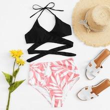 Romwe Wrap Leaf Print Bikini Set