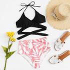 Romwe Wrap Leaf Print Bikini Set
