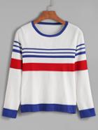 Romwe White Contrast Striped Trim Sweater