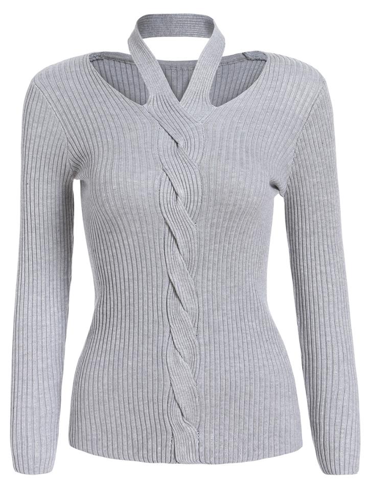 Romwe Halter Cable Knit Grey Sweater