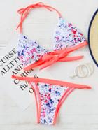Romwe Printed Contrast Trim Halter Bikini Set