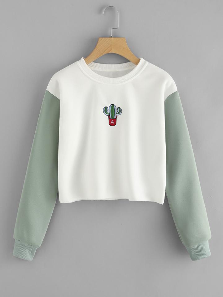 Romwe Cactus Embroidered Contrast Sleeve Raw Hem Sweatshirt