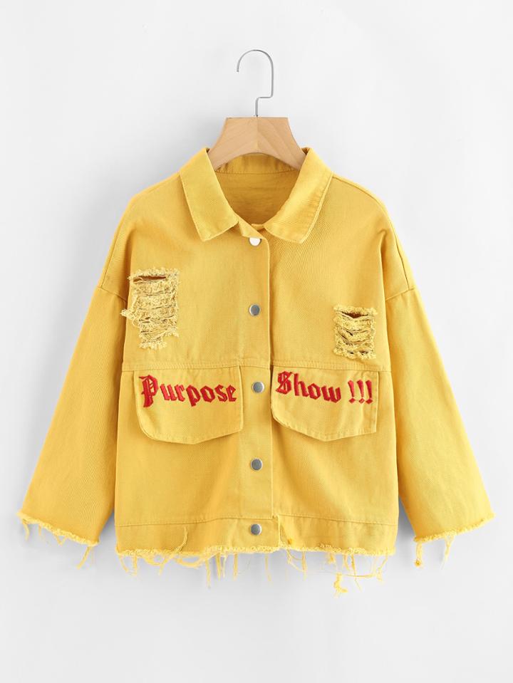 Romwe Slogan Embroidered Ripped Denim Jacket