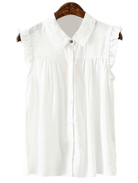 Romwe White Ruffle Sleeveless Buttons Front Lapel Blouse