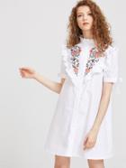 Romwe Embroidered Yoke Frilled Tie Sleeve Shirt Dress