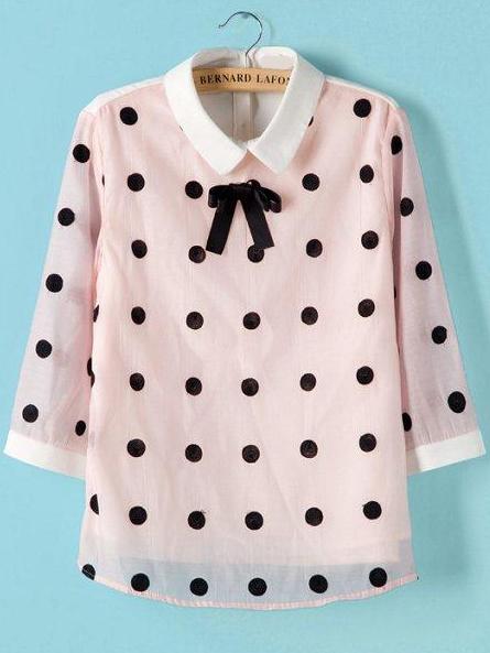 Romwe Lapel Polka Dot With Buttons Pink Blouse