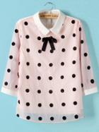 Romwe Lapel Polka Dot With Buttons Pink Blouse