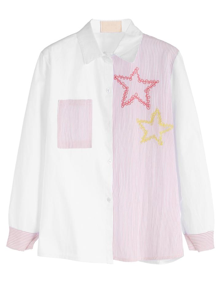 Romwe Contrast Vertical Striped Embroidered Patch Pocket Blouse