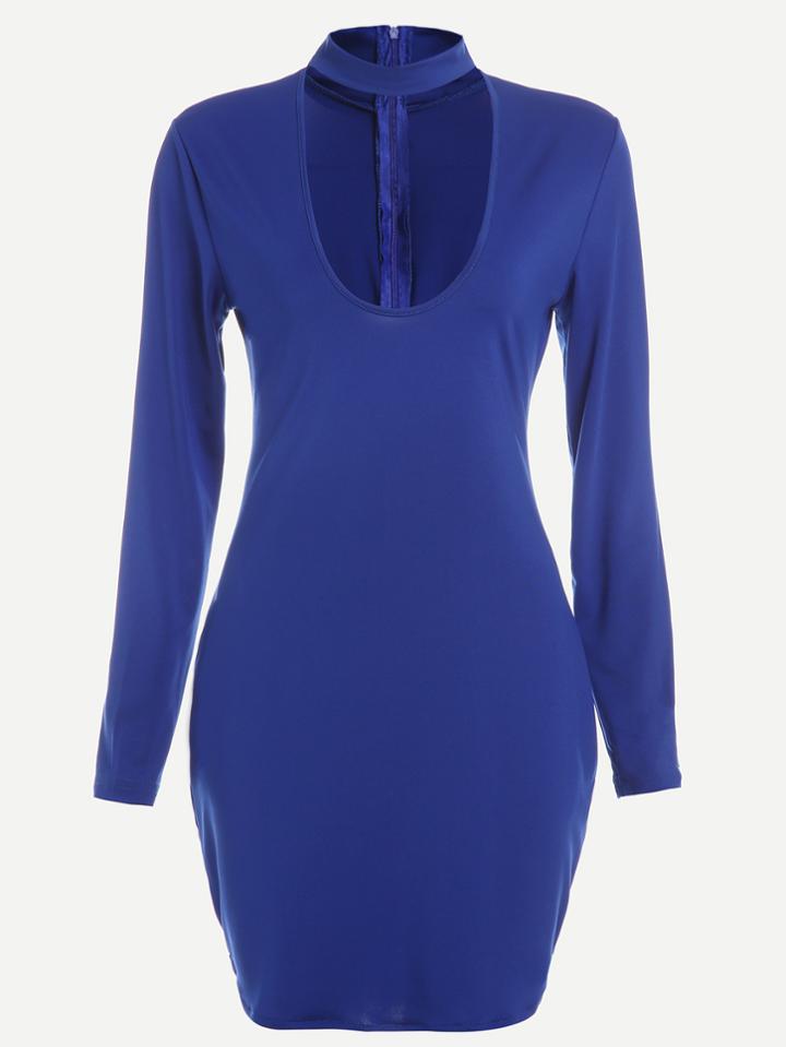 Romwe Royal Blue Cutout Choker Neck Split Side Bodycon Dress With Zipper