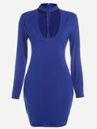 Romwe Royal Blue Cutout Choker Neck Split Side Bodycon Dress With Zipper
