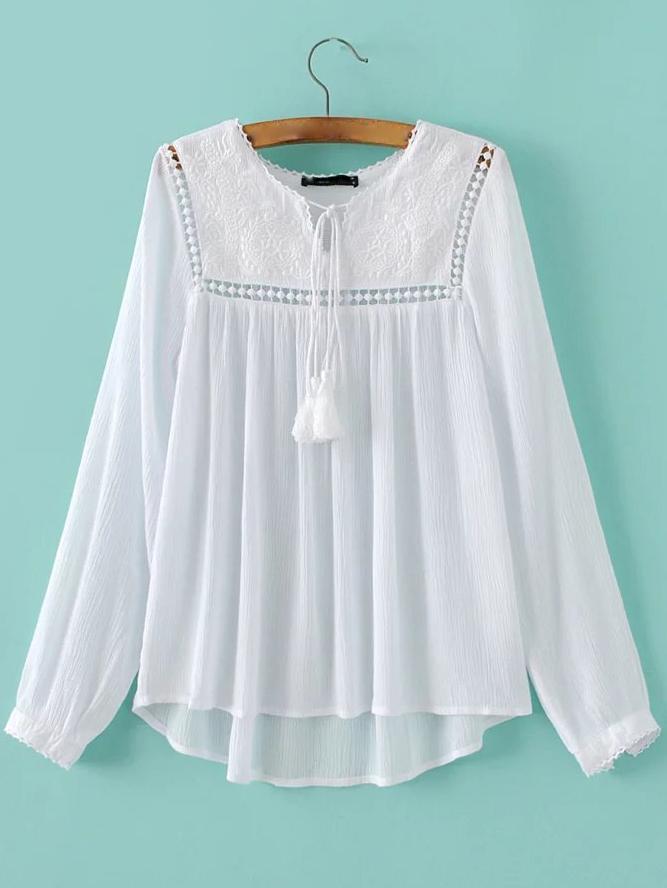 Romwe White Tie Neck Crochet Dipped Hem Blouse