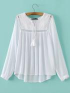 Romwe White Tie Neck Crochet Dipped Hem Blouse