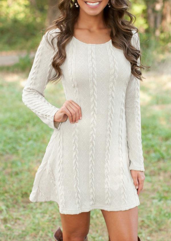 Romwe Crew Neck Cable Knit White Sweater Dress