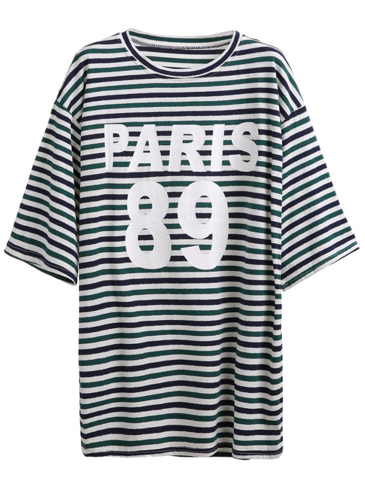 Romwe Multicolor Striped Letters And Number Print Drop Shoulder Dress
