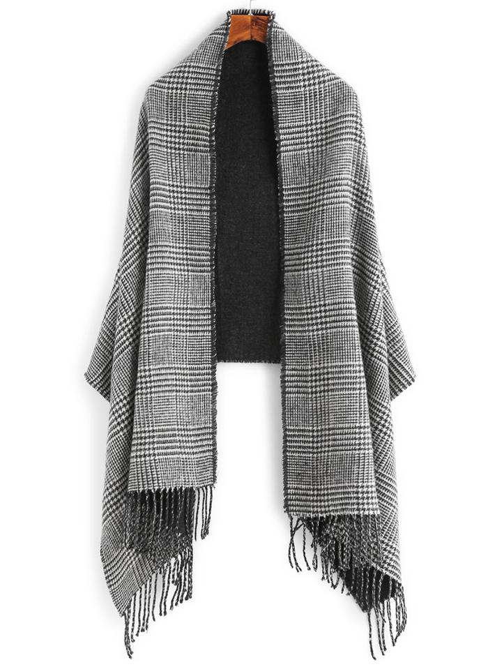 Romwe Black And White Houndstooth Fringe Edge Shawl Scarf