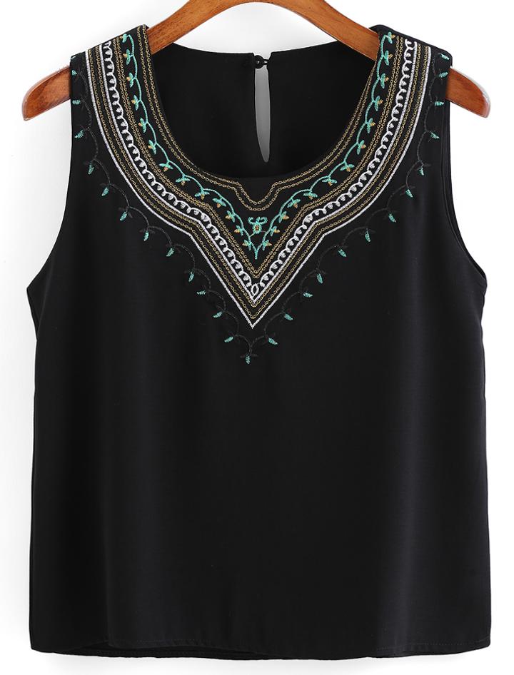 Romwe Embroidered Chiffon Black Tank Top