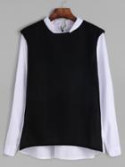Romwe Black White Contrast Button Back Dip Hem Blouse