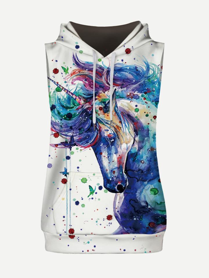 Romwe Men Unicorn Painting Hooded Sweatshirt