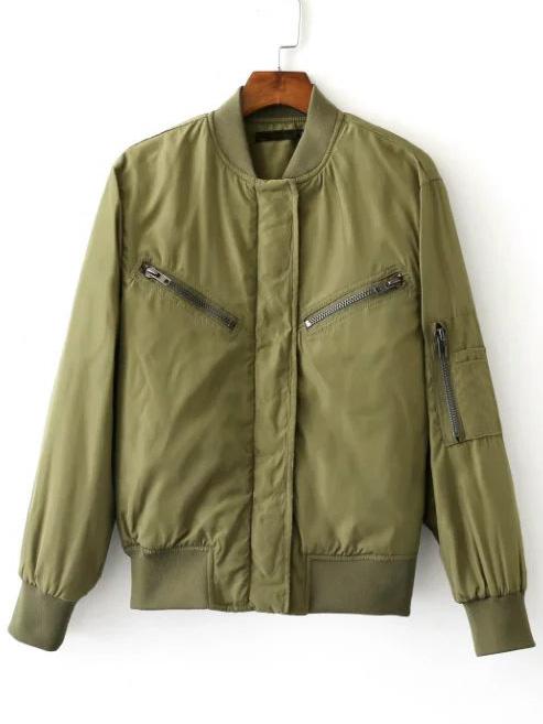 Romwe Green Rib-knit Cuff Zipper Jacket
