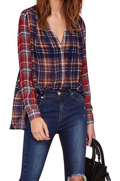 Romwe V-neck Check Print Buttoned Shirt