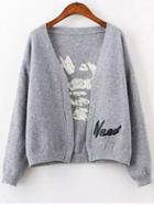 Romwe Letter Embroidered Grey Cardigan