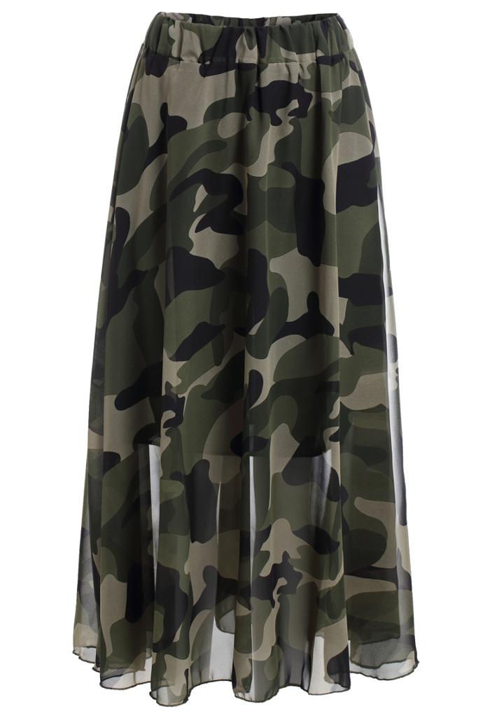 Romwe Elastic Waist Camouflage Pleated Skirt
