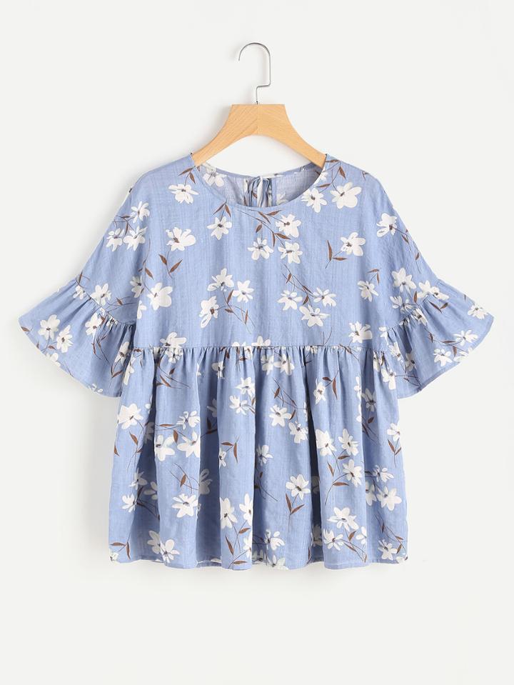 Romwe Keyhole Tie Back Fluted Sleeve Smock Top