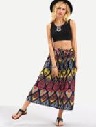 Romwe Self-tie Multicolor Vintage Print Skirt