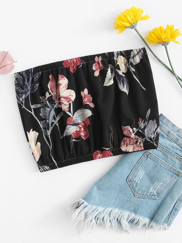 Romwe Floral Print Crop Tube Top