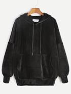 Romwe Black Drop Shoulder Drawstring Hooded Pocket Velvet Sweatshirt