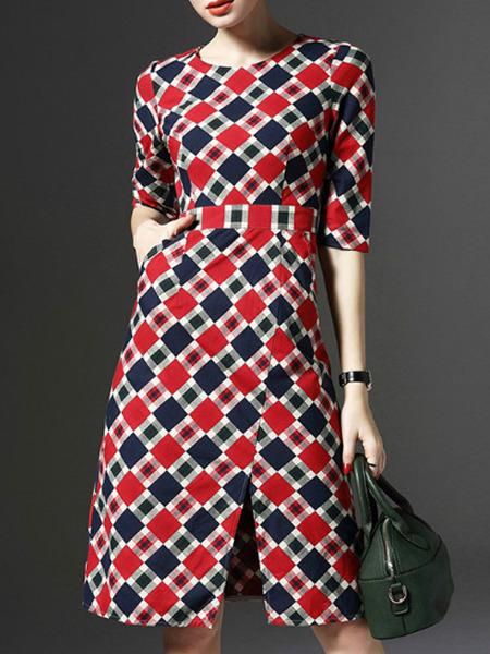 Romwe Red Color Block Plaid Pockets Dress