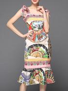 Romwe Multicolor Strap Tribal Print Ruffle Dress
