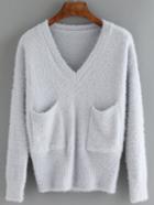 Romwe V Neck Pockets Grey Sweater