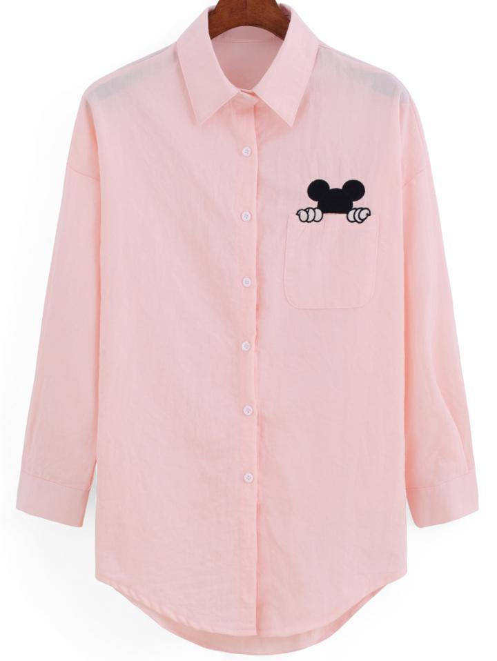 Romwe Lapel Dip Hem Mickey Embroidered Pocket Pink Blouse