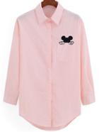 Romwe Lapel Dip Hem Mickey Embroidered Pocket Pink Blouse