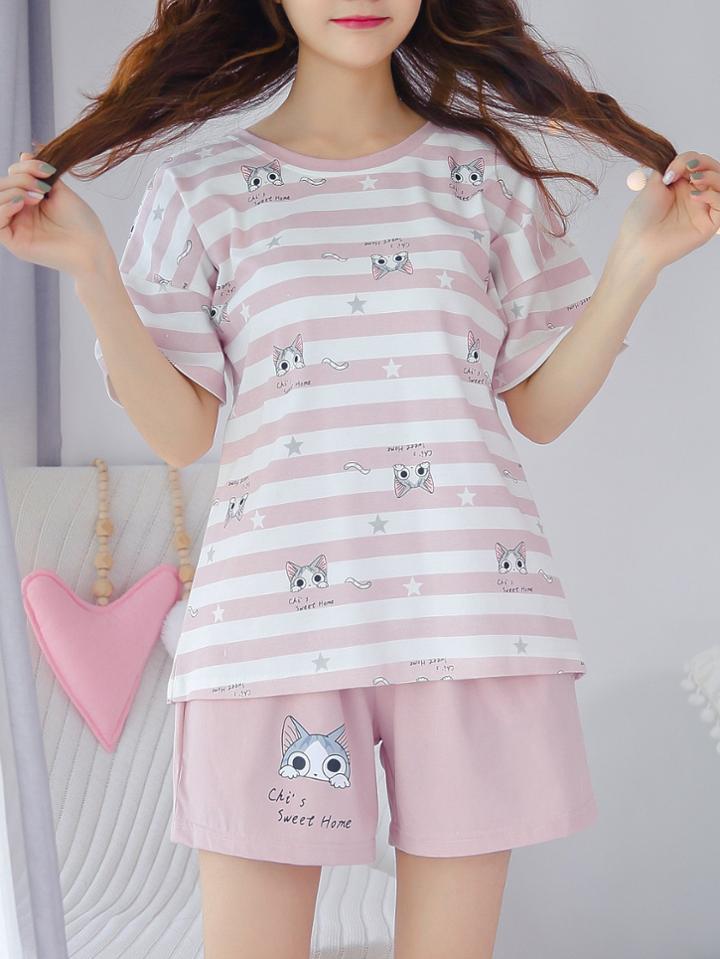 Romwe Cat Print Striped Tee & Shorts Pj Set