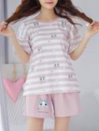 Romwe Cat Print Striped Tee & Shorts Pj Set