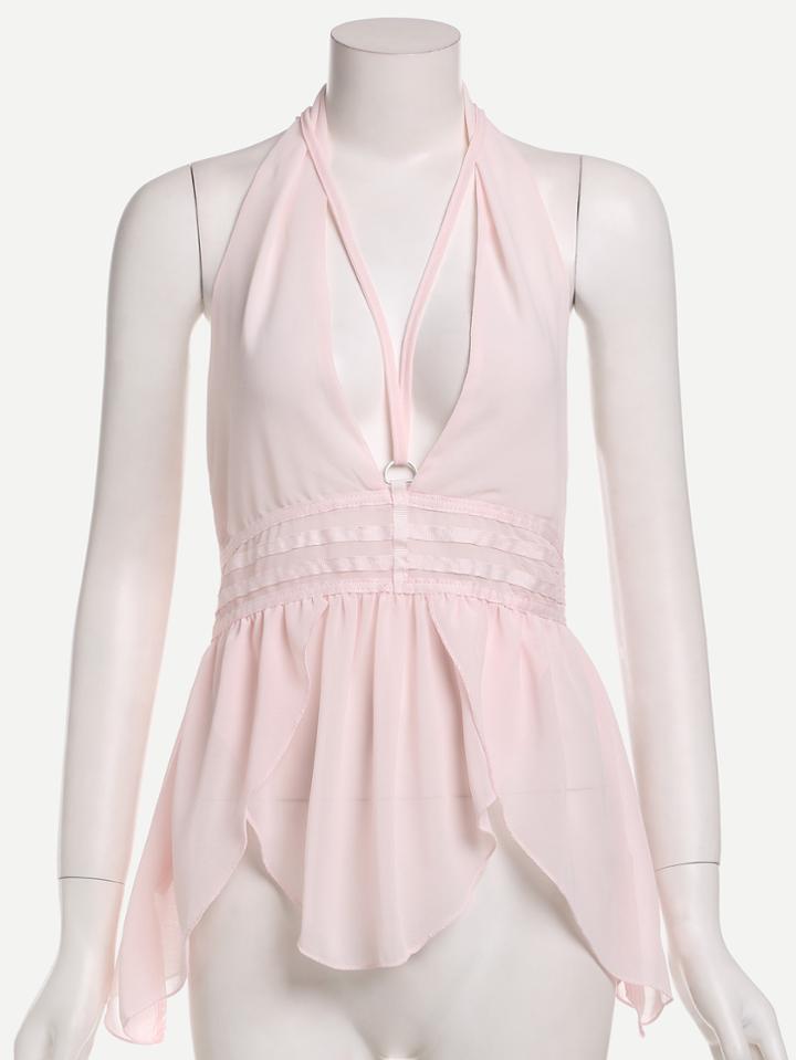 Romwe Pale Pink Deep V Neck Open Back Chiffon Top