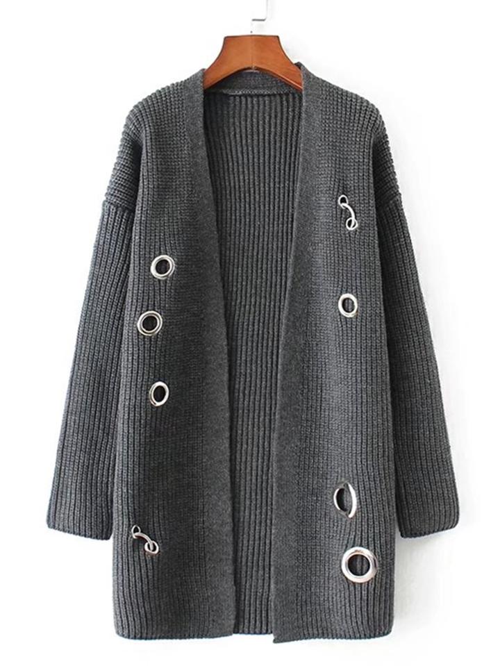 Romwe Eyelet Design Open Front Longline Cardigan