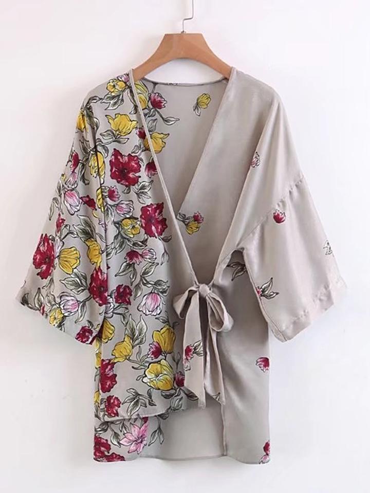 Romwe Floral Print Lace Up Wrap Top