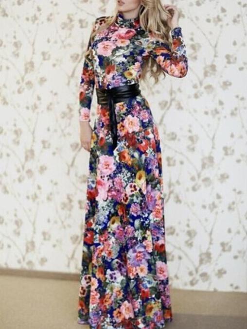 Romwe Polo Neck Florals Maxi Blue Dress